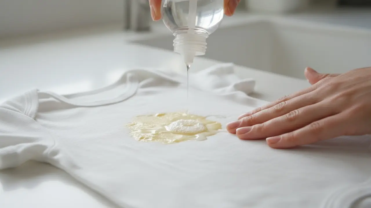 Nærbillede af modermælksplet og hænder der påfører opvaskemiddel