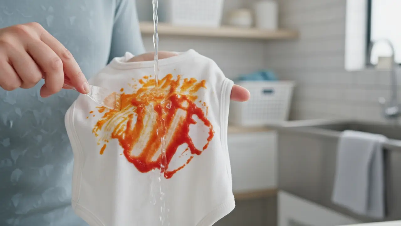 Fjernelse af overskydende babymos fra bib/heldragt med ske og skylning bagfra