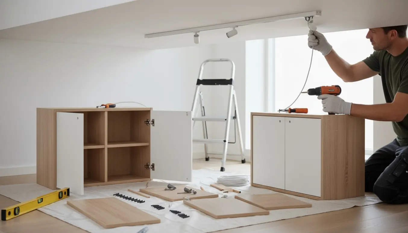 Hænder samler to små reolskabe og fører en hvid ledning til en spotskinne i loftet.