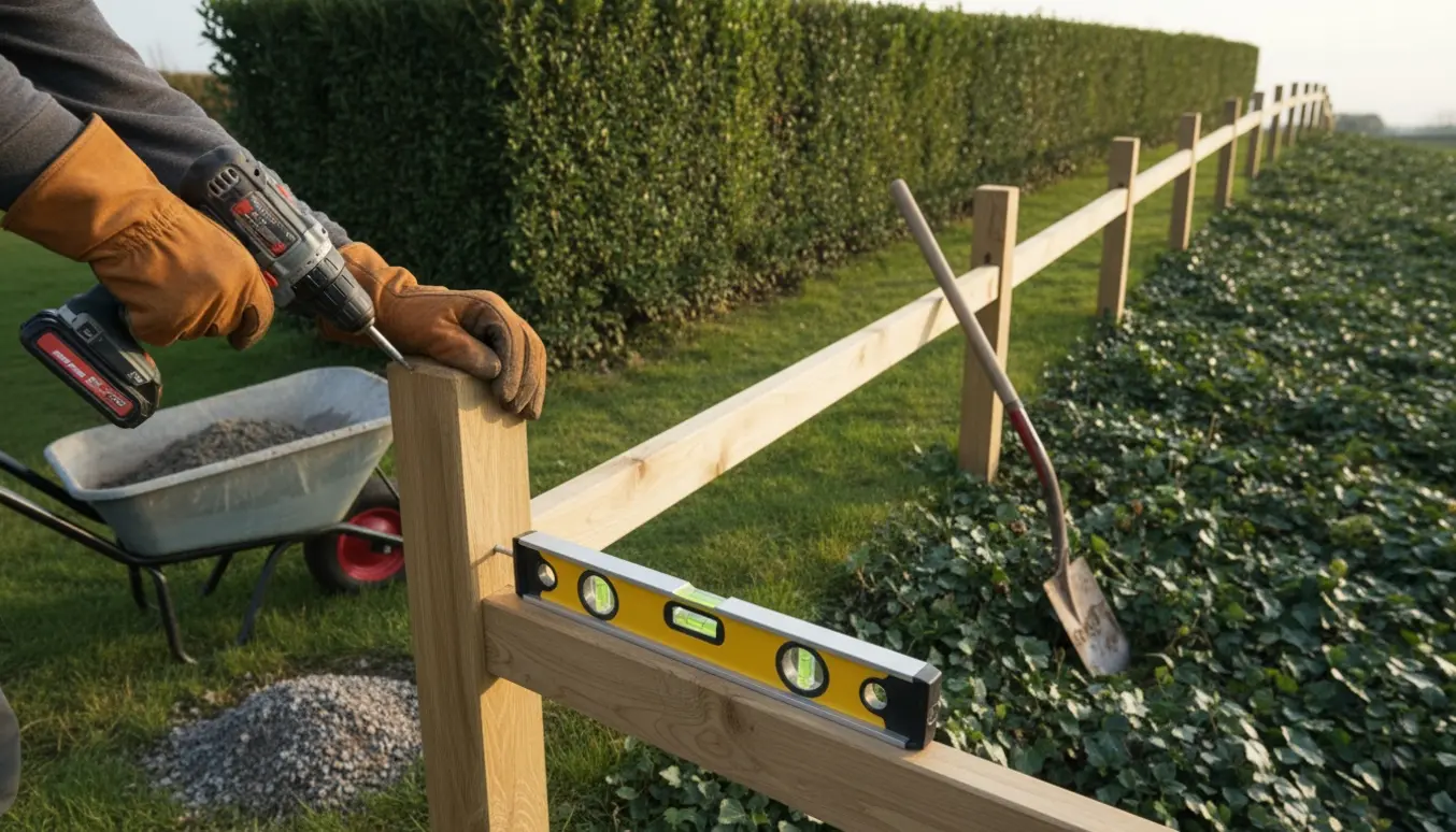 Træhegn under opbygning adskiller hæk og efeu på en skråning med værktøj i forgrunden.