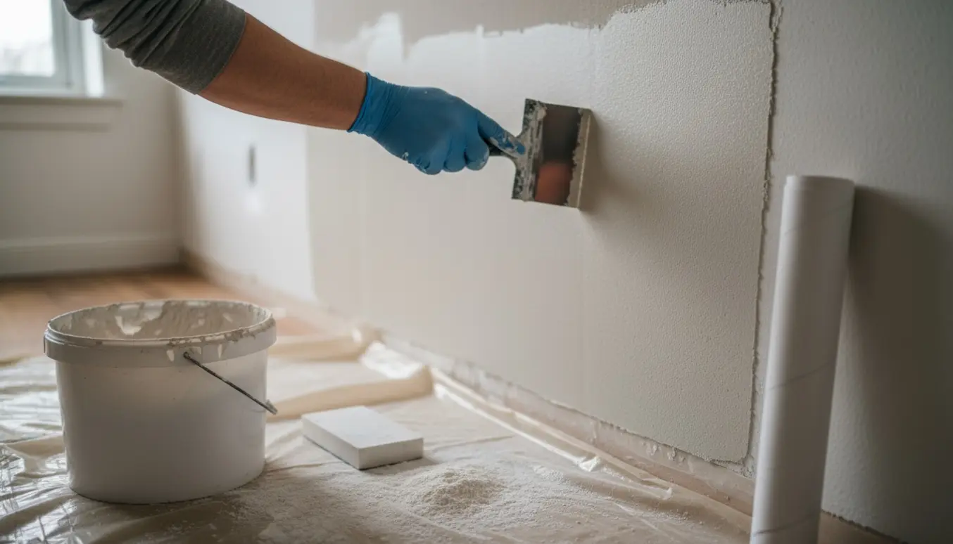 Nærbillede af spartling af en pudset væg med spartel, spand og slibeværktøj i naturligt dagslys.