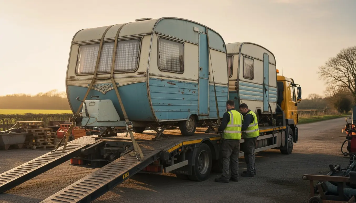 To ældre campingvogne uden nummerplader læsses og fastgøres på en fladvogn i gyldent eftermiddagslys.
