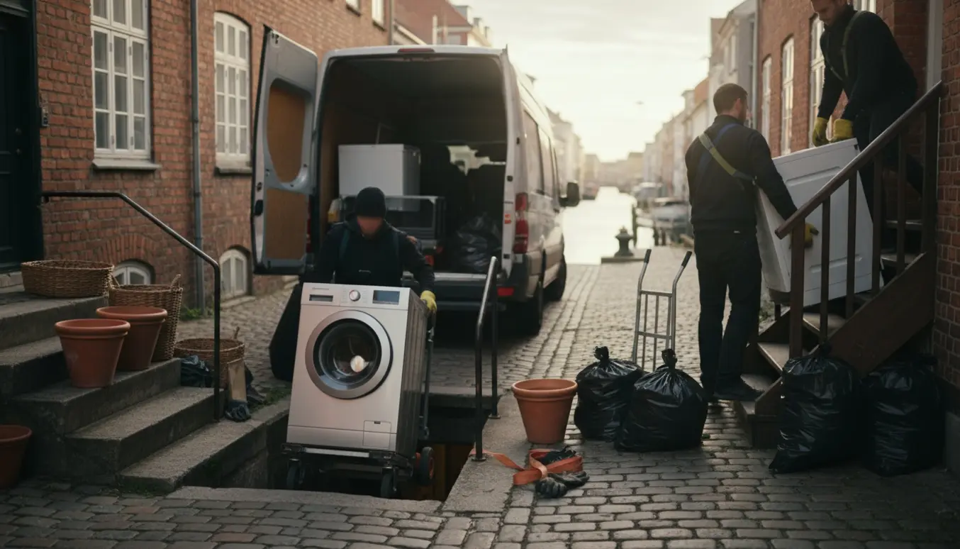 Flyttemænd bærer en vaskemaskine ned i kælderen og en opvaskemaskine op ad en trappe ved en varebil fyldt med krukker og haveaffald.