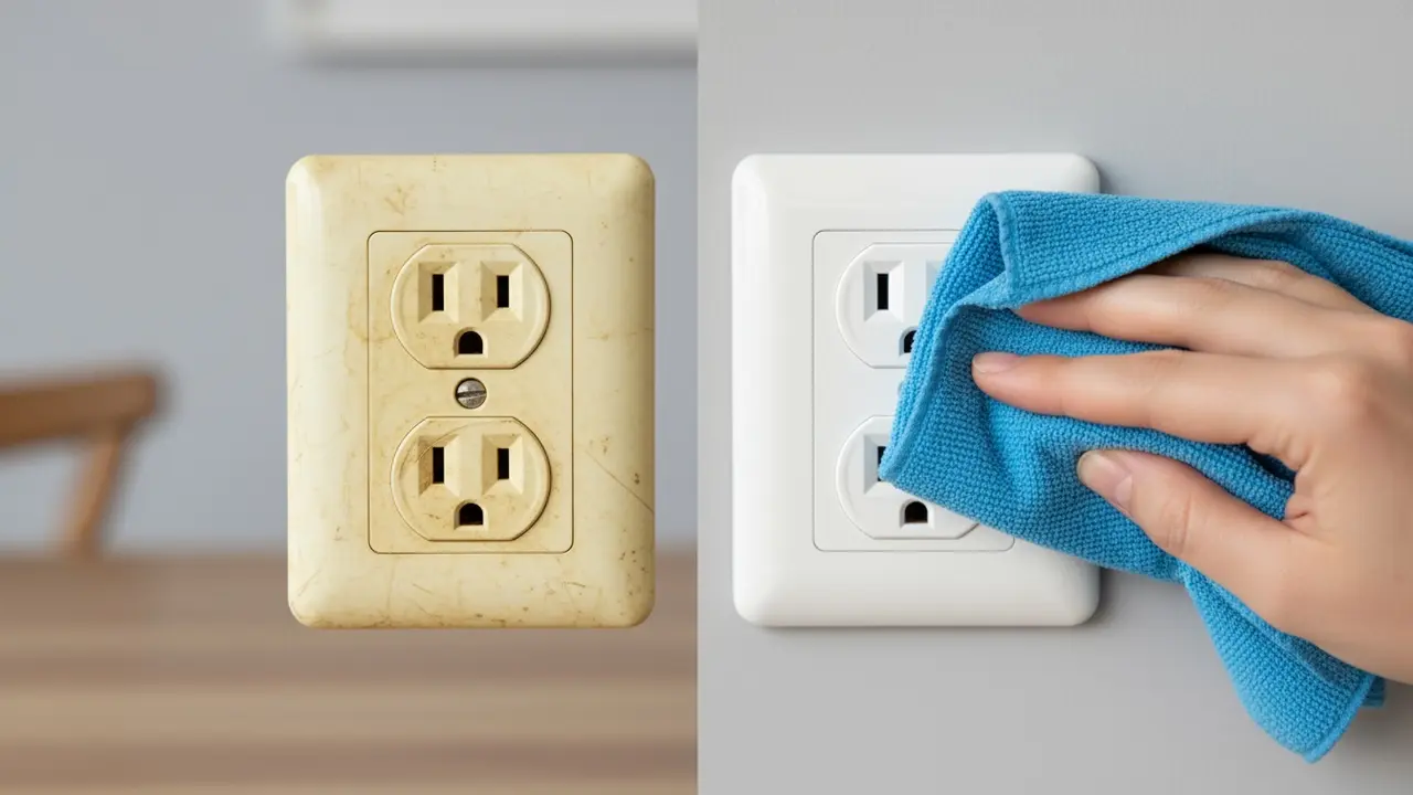Før/efter nærbillede af gult misfarvet stikkontakt til venstre og nyvasket hvid kontakt til højre.