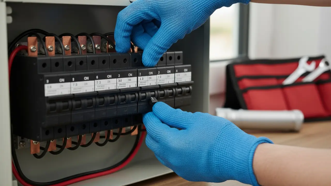 Hænder med gummihandsker slukker for en sikring i et sikringsskab for at sikre arbejdssikkerhed.