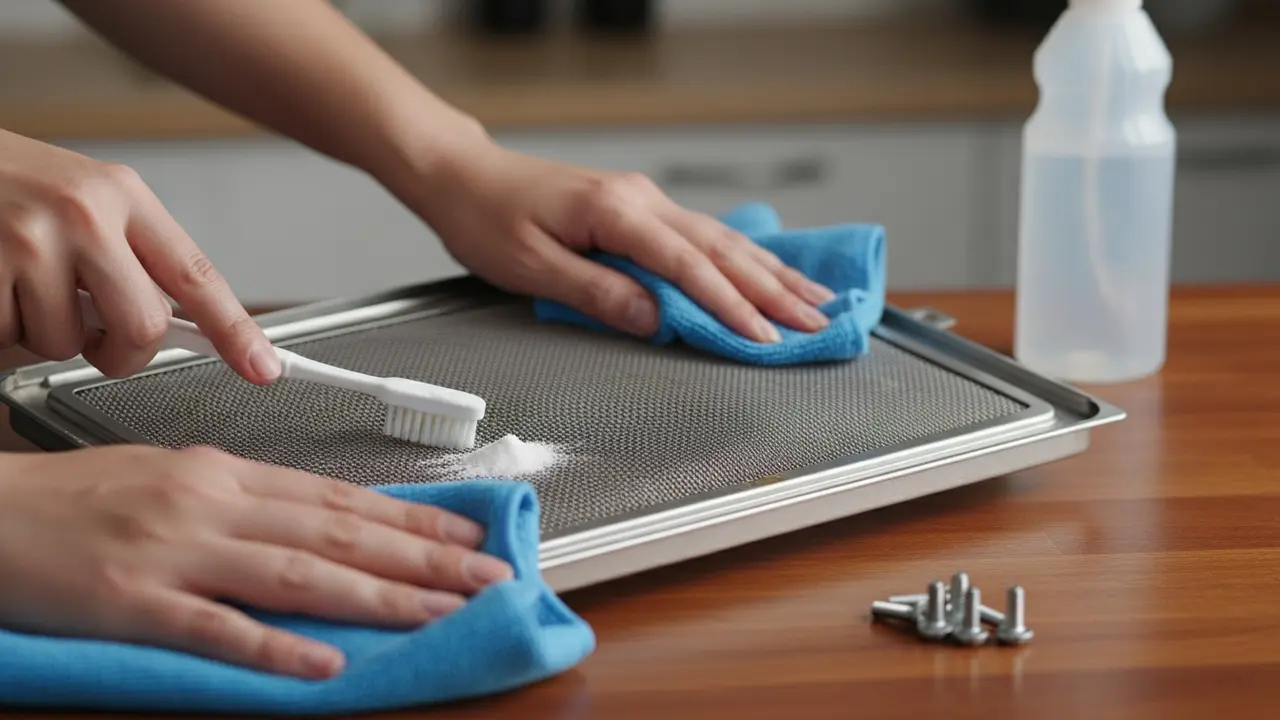 Hænder rengør en afmonteret dækselplade med tandbørste og mikrofiberklud på køkkenbordet.