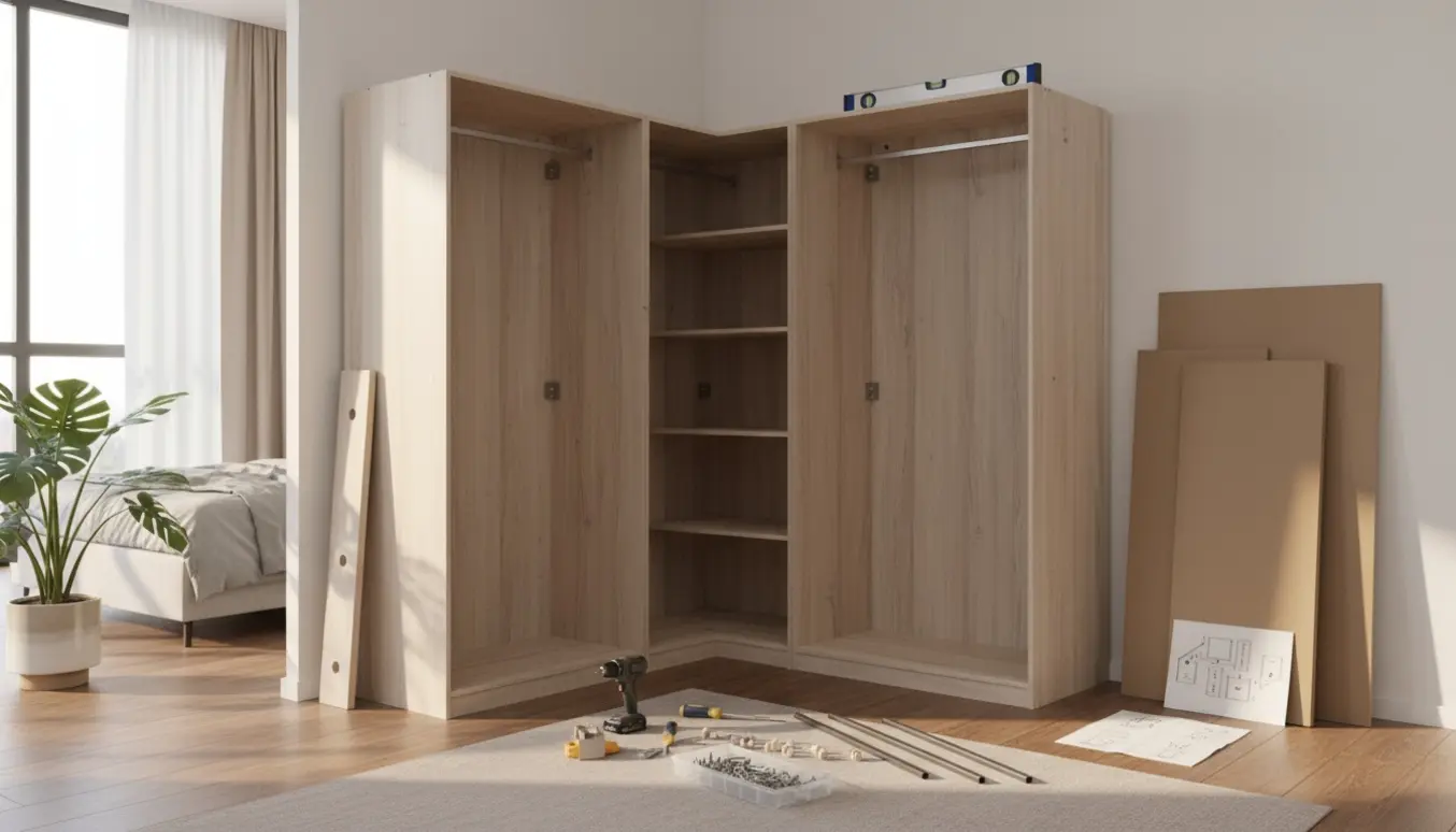 Delvist samlet hjørnegarderobe i et lyst værelse med værktøj og flade pakker.