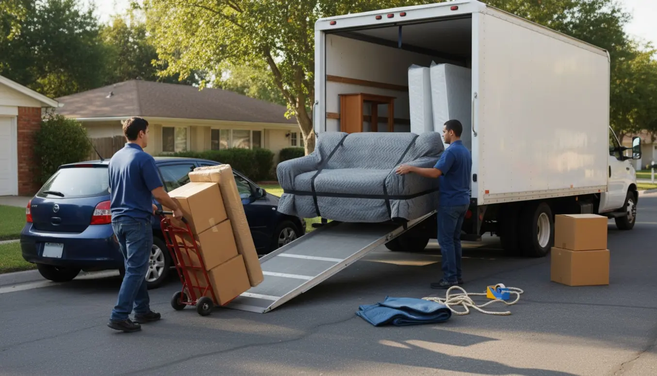 To hjælpere læsser sofa og flyttekasser ind i en hvid flyttebil foran et parcelhus.