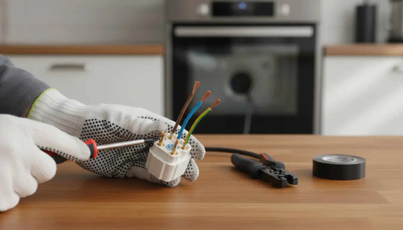 Hænder monterer et 3-benet komfurstik på en ledning i et lyst køkken.