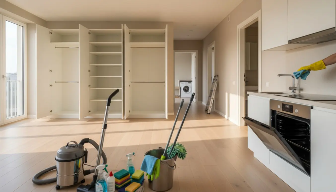 Tom, nyvasket lejlighed med rengøringsudstyr og åbne skabe efter fraflytningsrengøring.