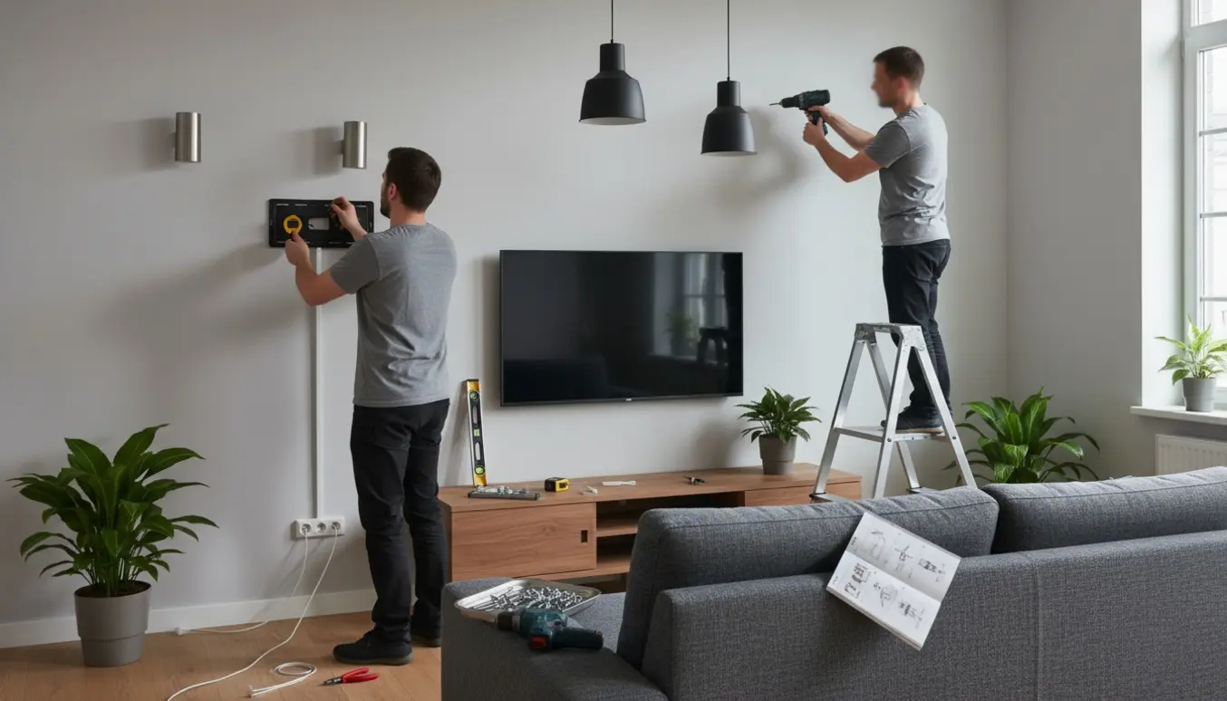 Montør monterer fladskærm og fire lamper i en lys stue med værktøj og kabelføring.