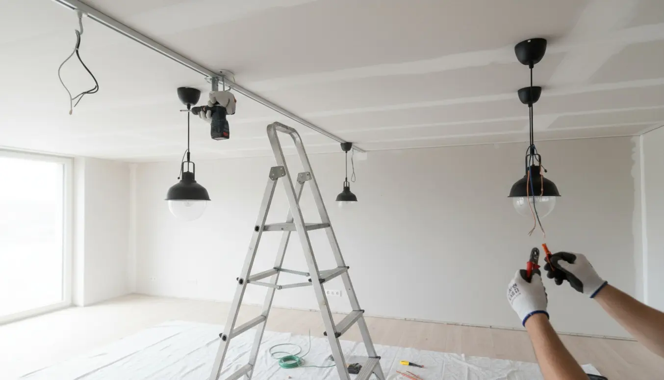 To lamper monteres og forbundet med ny ledning i et højt gipsloft, med stige og værktøj synlige.