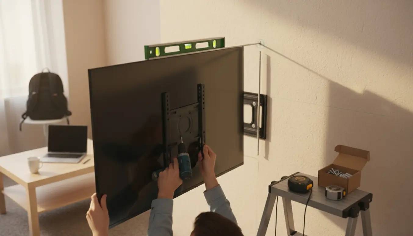 En studerende monterer et 55-tommer fladskærms-tv på væggen med beslag, mens værktøj og en lille stige står klar.
