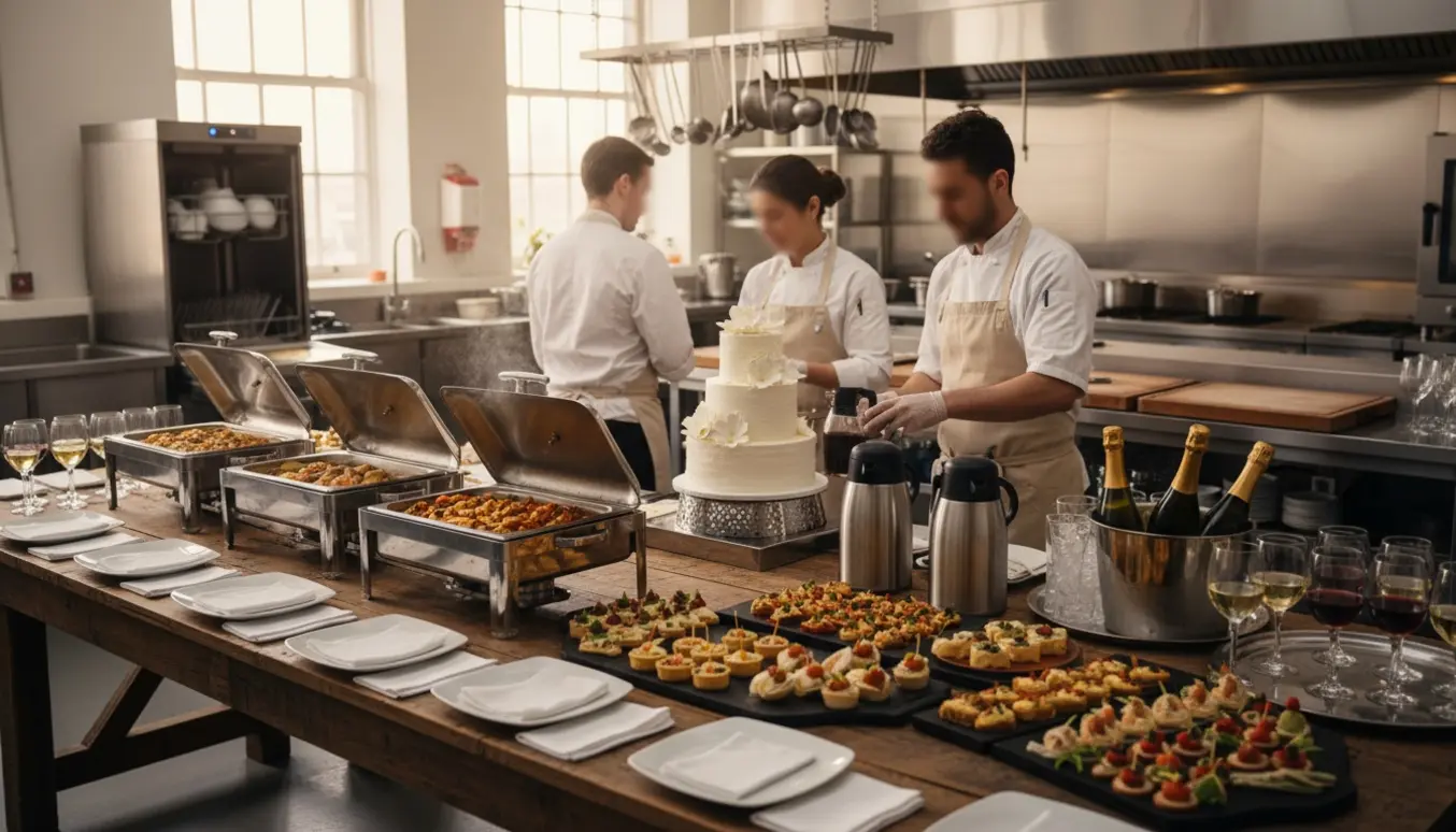 To-tre tjenere i forklæder forbereder buffet, kage og drikkevarer i et stort industrikøkken, ansigter slørede.