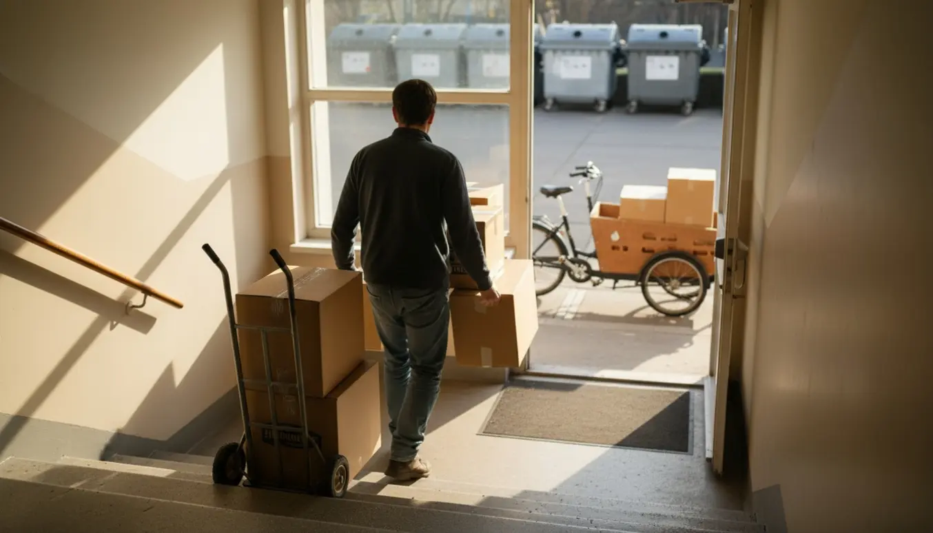 Person bærer flere bogkasser ned ad opgang mod en ladcykel klar til at køre dem til genbrugsstationen.