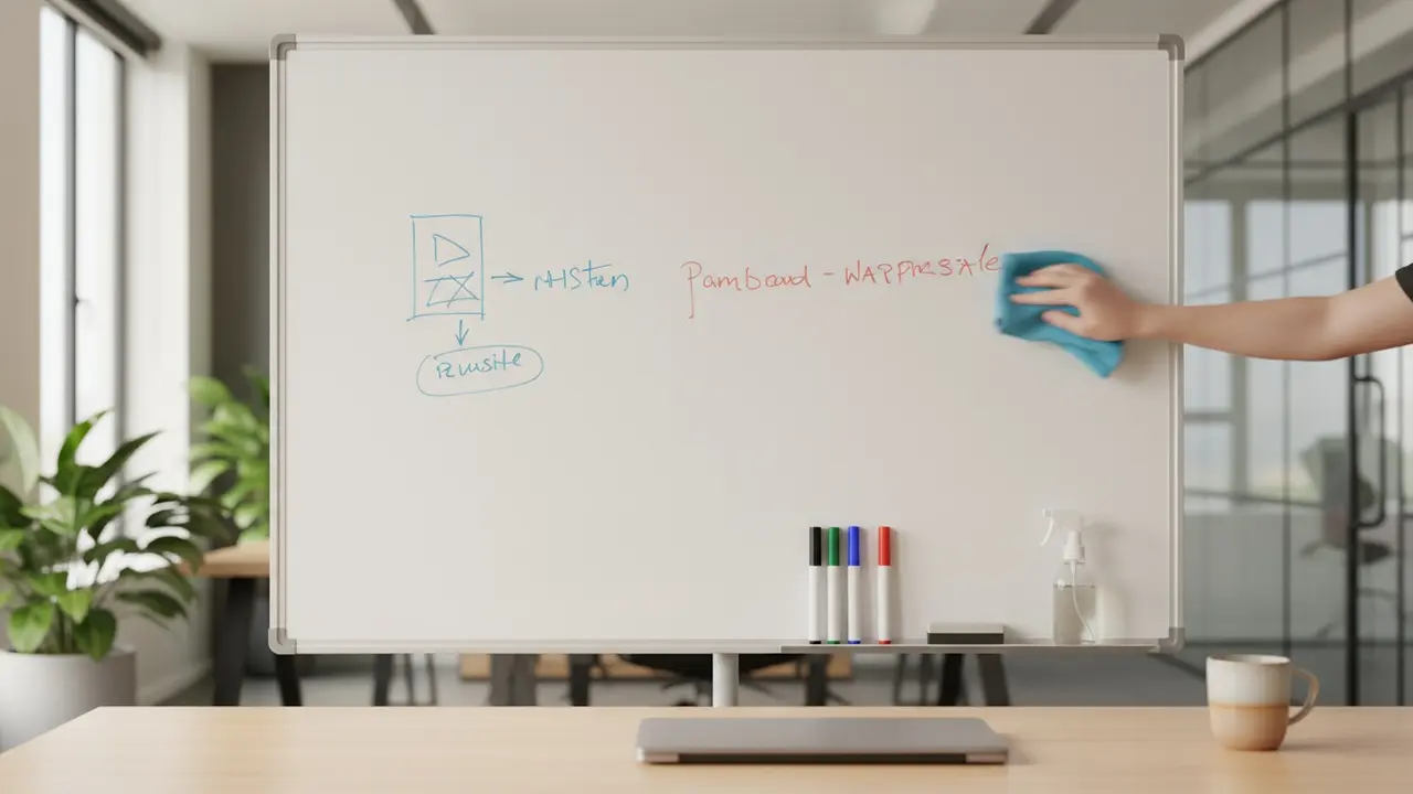 Person tørrer whiteboard af i moderne kontor med markerbakke og sprayflaske.