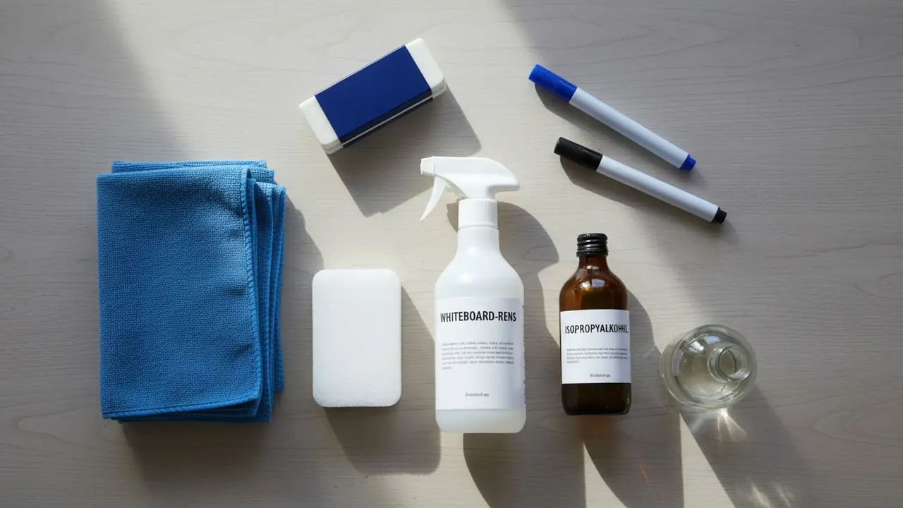 Udstyr til whiteboard-rengøring på bord: rens, alkohol, klude, visker.