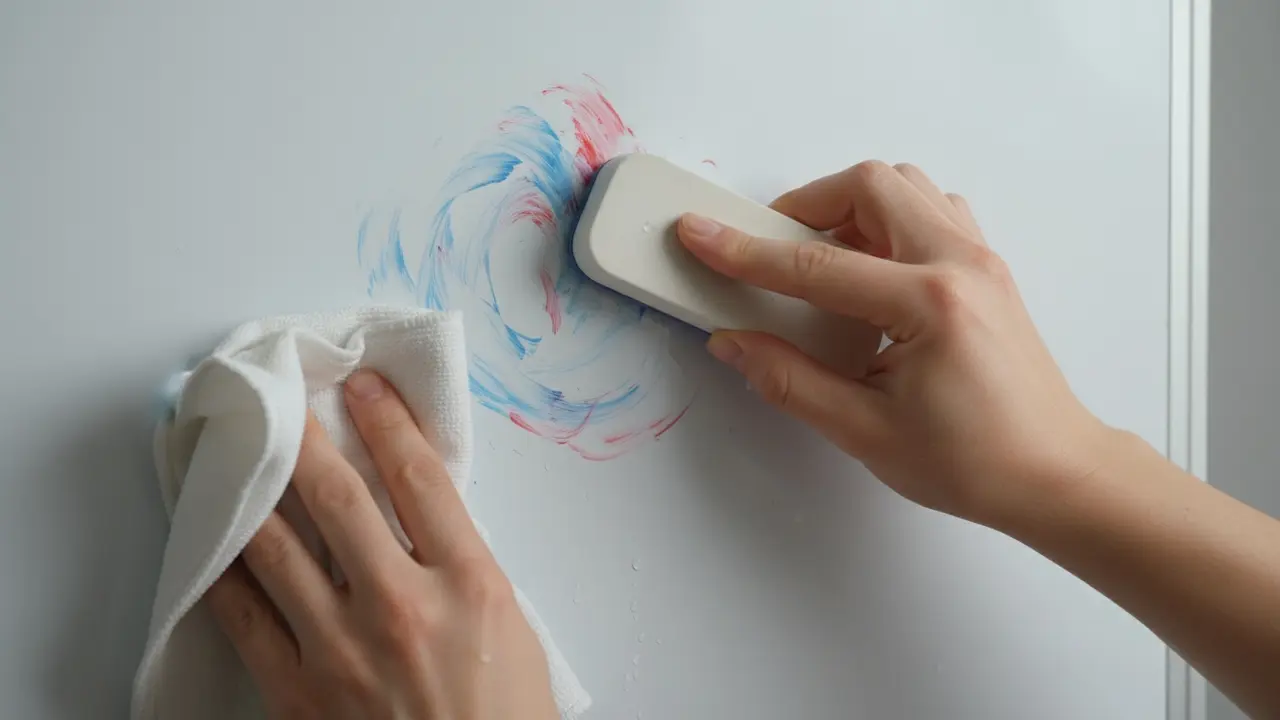 Nærbillede af hænder, der visker tusch af med visker og mikrofiberklud.