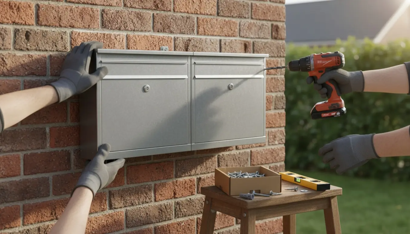 Hænder monterer to standard postkasser på en udendørs mur med boremaskine og skruer.