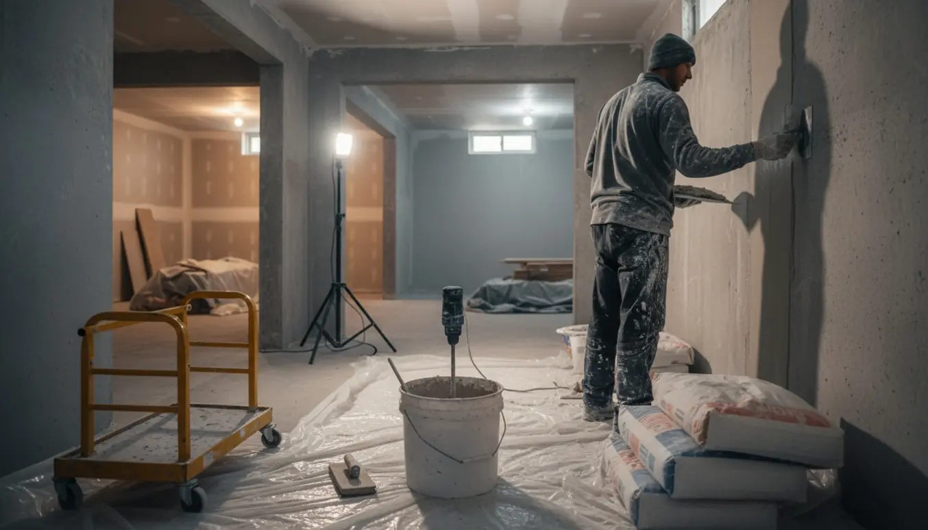 Håndværker pudser en kældervæg med murske og spartel, omgivet af materialer og afdækket gulv.