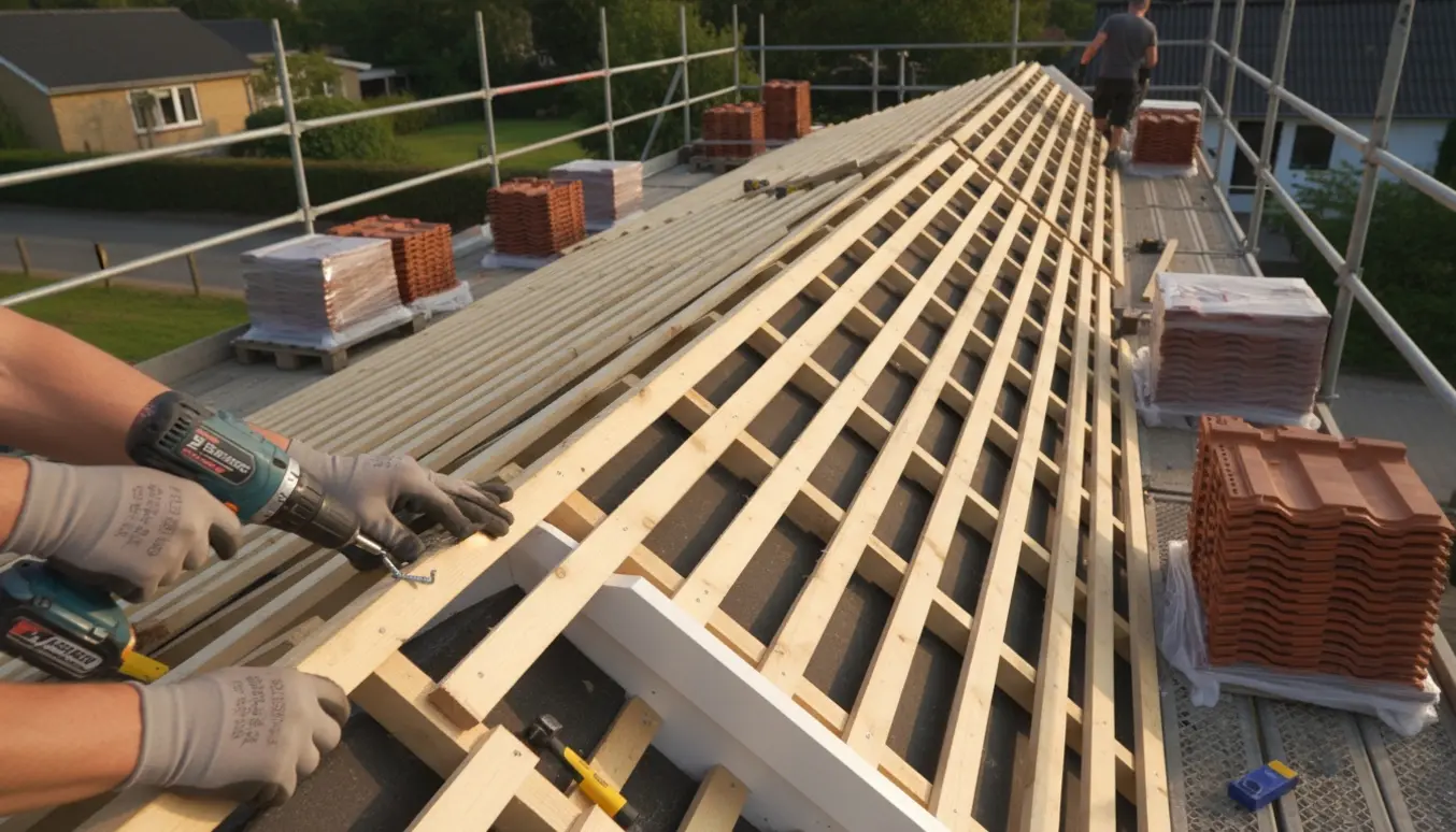 Hænder monterer nye 4,2 m taglægter på et tag med stillads og bunker af tagsten i baggrunden.