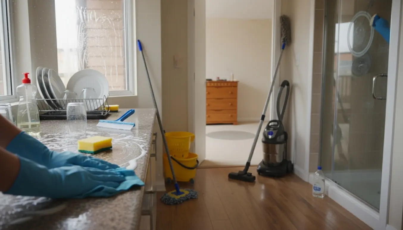 Rengøringsscene i lejlighed med oprydning i køkkenet, rengøringsmidler og håndværk uden ansigter.