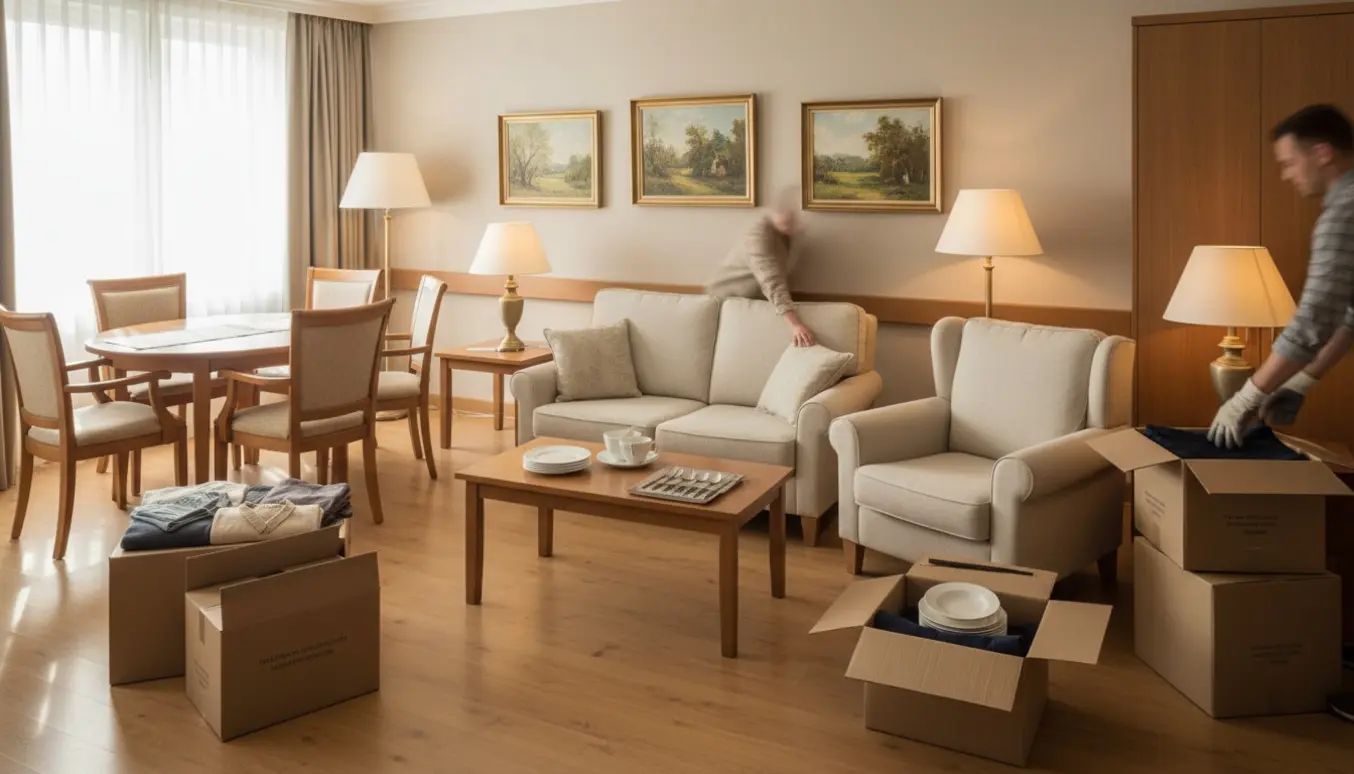 Lys og rolig indretning i et plejehjemsværelse med møbler, flyttekasser og pakket porcelæn under flytning.