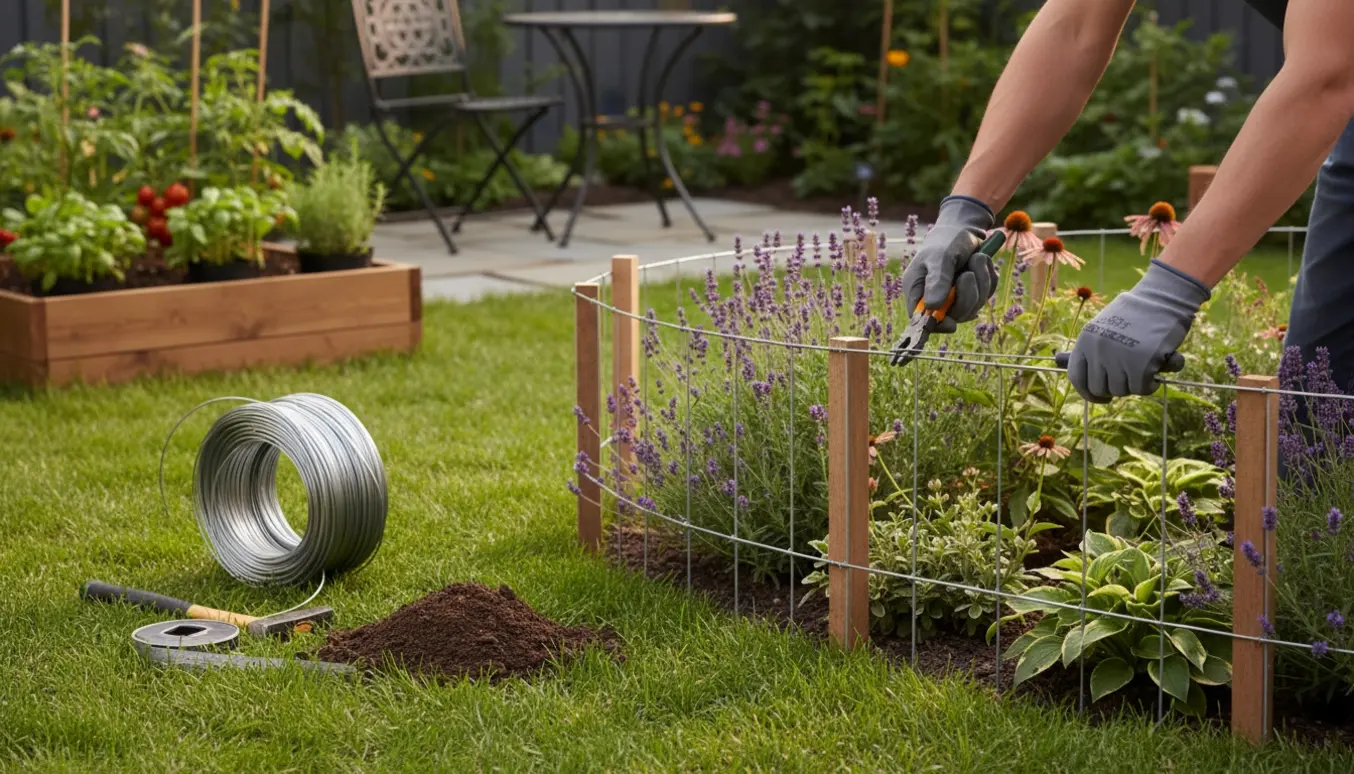 Installation af et lavt trådhegn i en lille baghave med hænder, værktøj og spændt galvantråd.