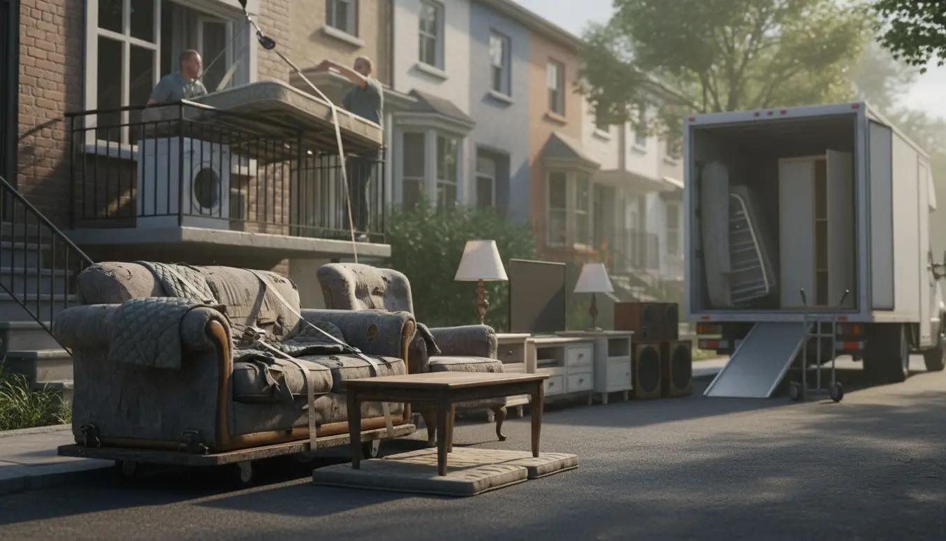 Flyttemænd bærer og sænker gamle, slidte møbler ned fra 2. sal mod en ventende flyttevogn.