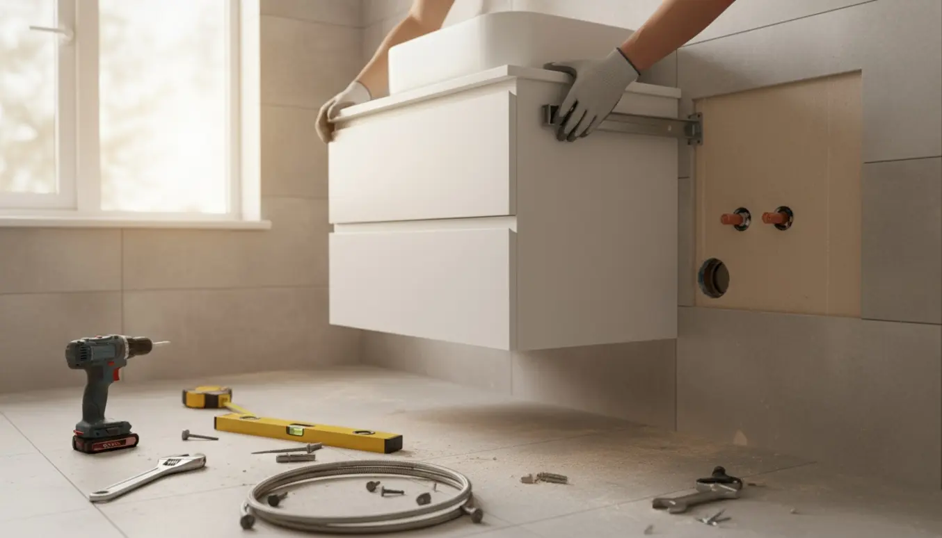 Montage af en væghængt kommode i et lyst badeværelse med værktøj og synligt VVS.