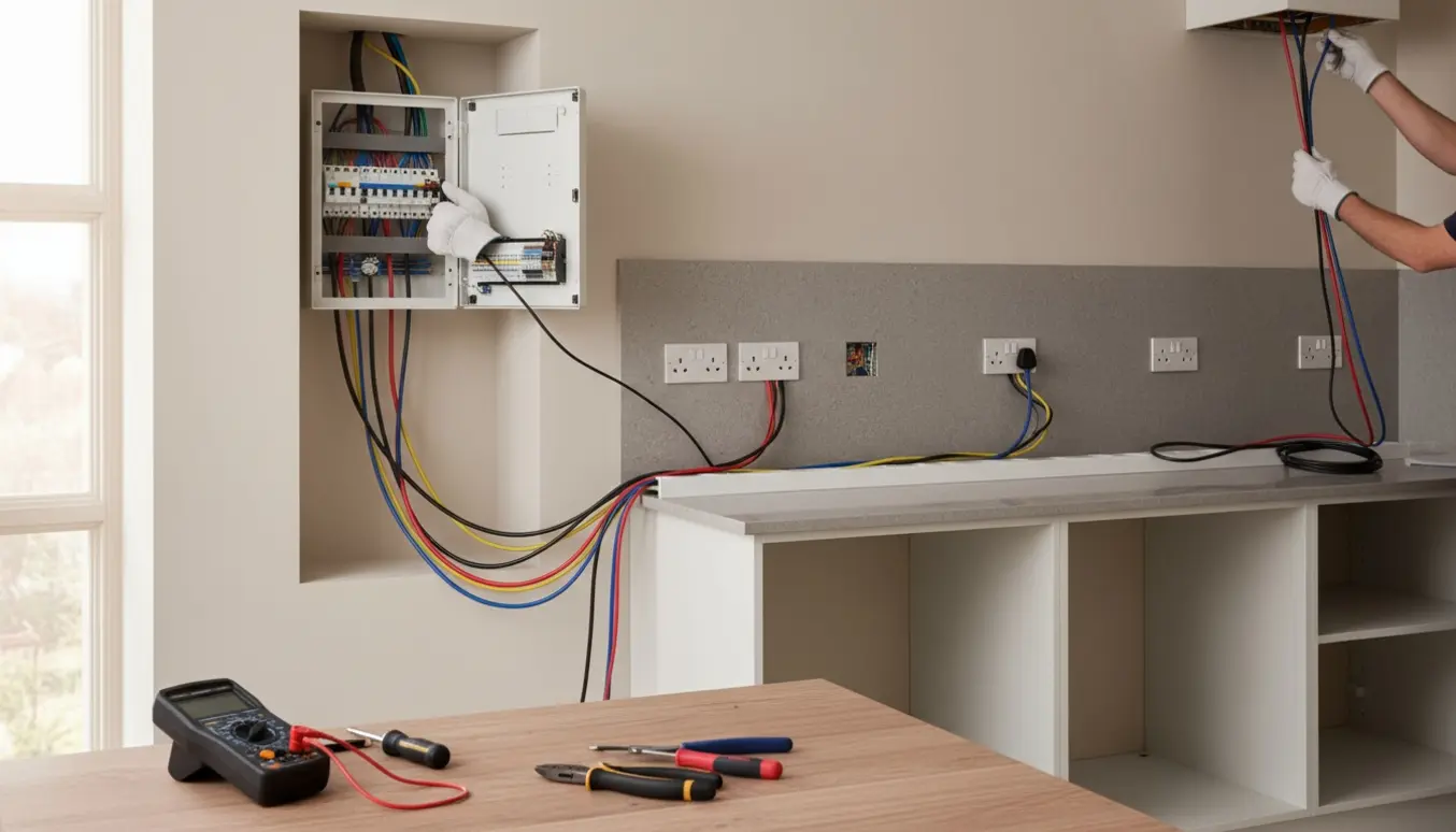 Elektriker installerer ny tre-faset tavle og trækker kabler i kabelkanal til nye køkkeninstallationer.