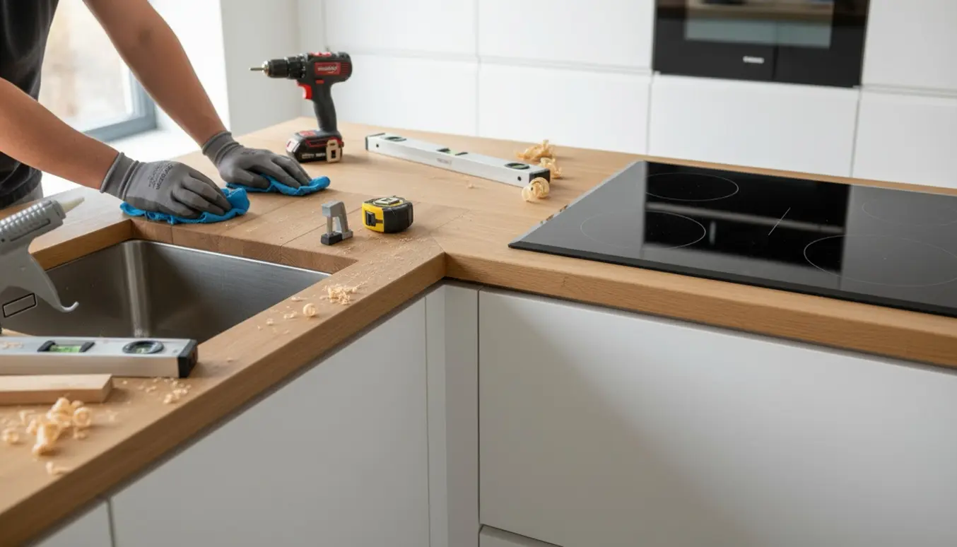 L-formet lys egetræsbordplade monteret uden synlig samling med indsat keramisk kogeplade og rustfri køkkenvask.