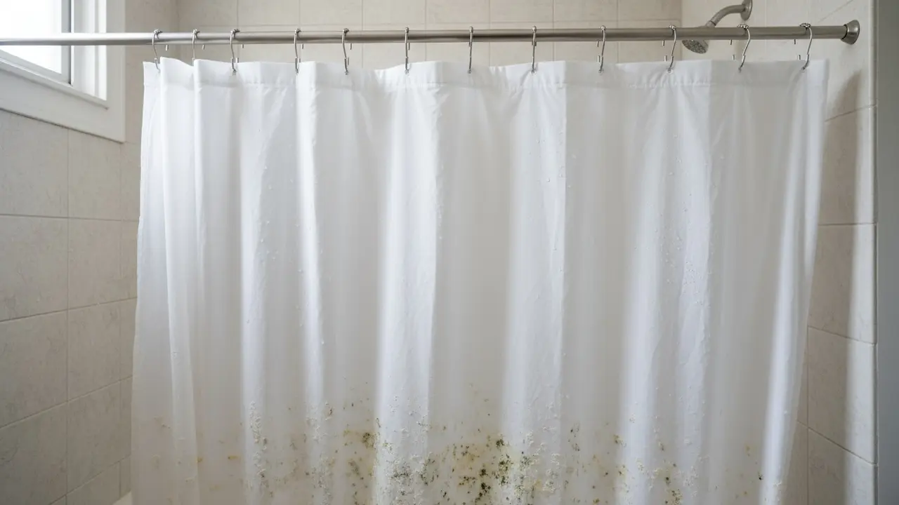 Badeforhæng med synlige kalkaflejringer og misfarvninger i et brusebad
