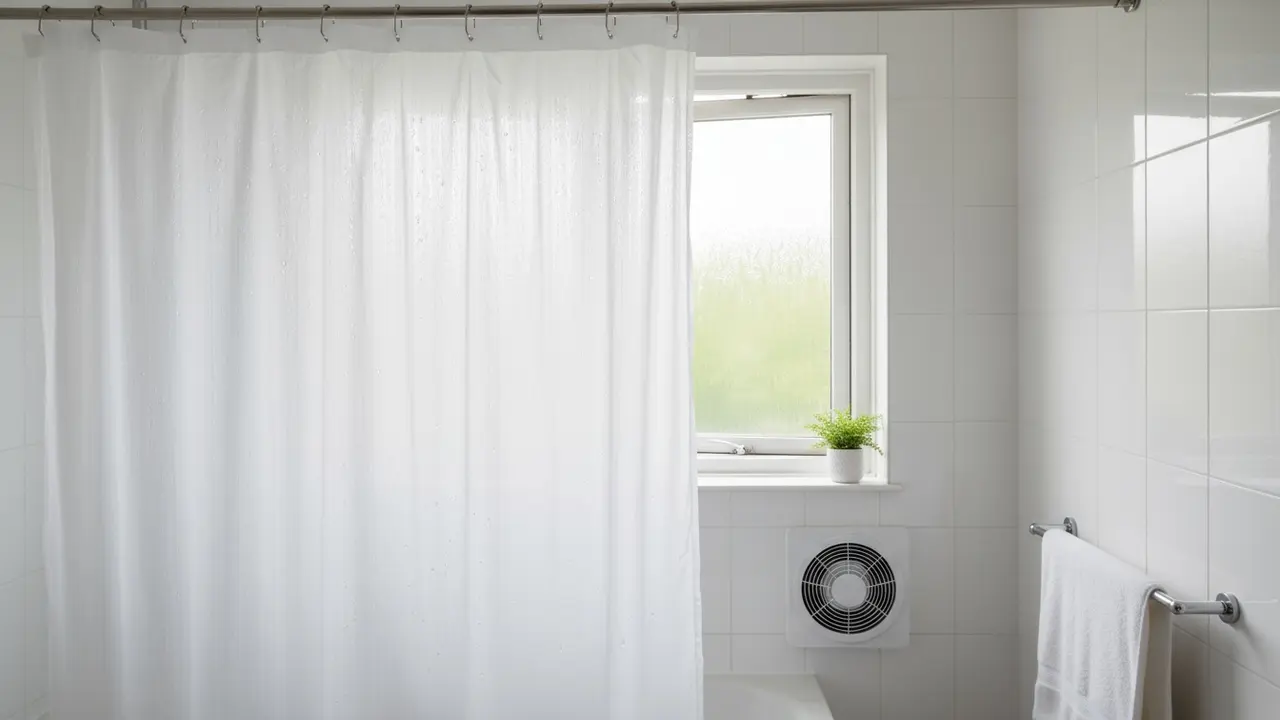 Badeforhæng hængt til tørre i et lyst og ventileret badeværelse