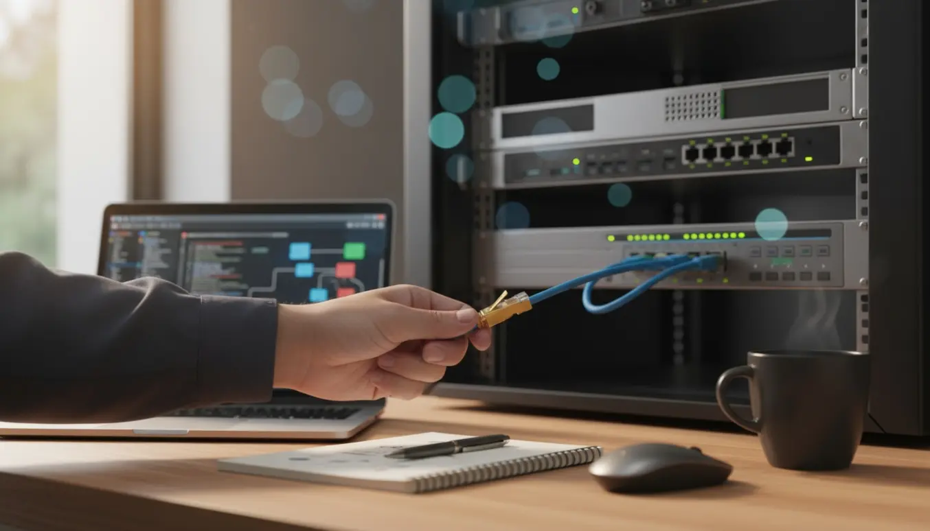 Hænder tilslutter en bærbar computer til et serverskab med et ethernetkabel i et lyst kontormiljø.