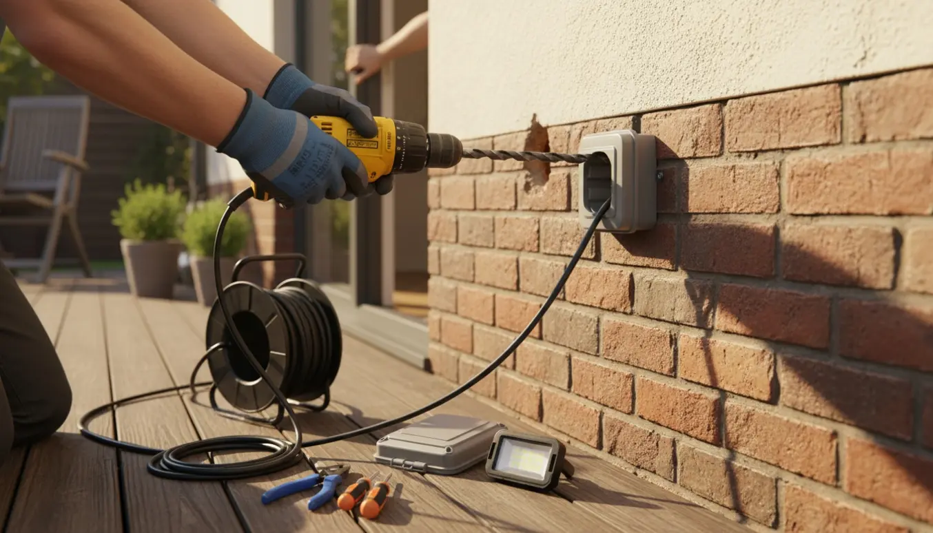 Nærbillede af installation af udendørs stikkontakt i ydermur med kabel trukket mod terrassen.