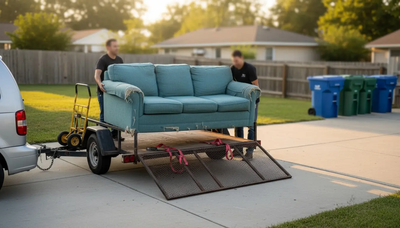 En trepersoners gammel sofa løftes op på en trailer ved indkørslen, to personer hjælper uden synlige ansigter.