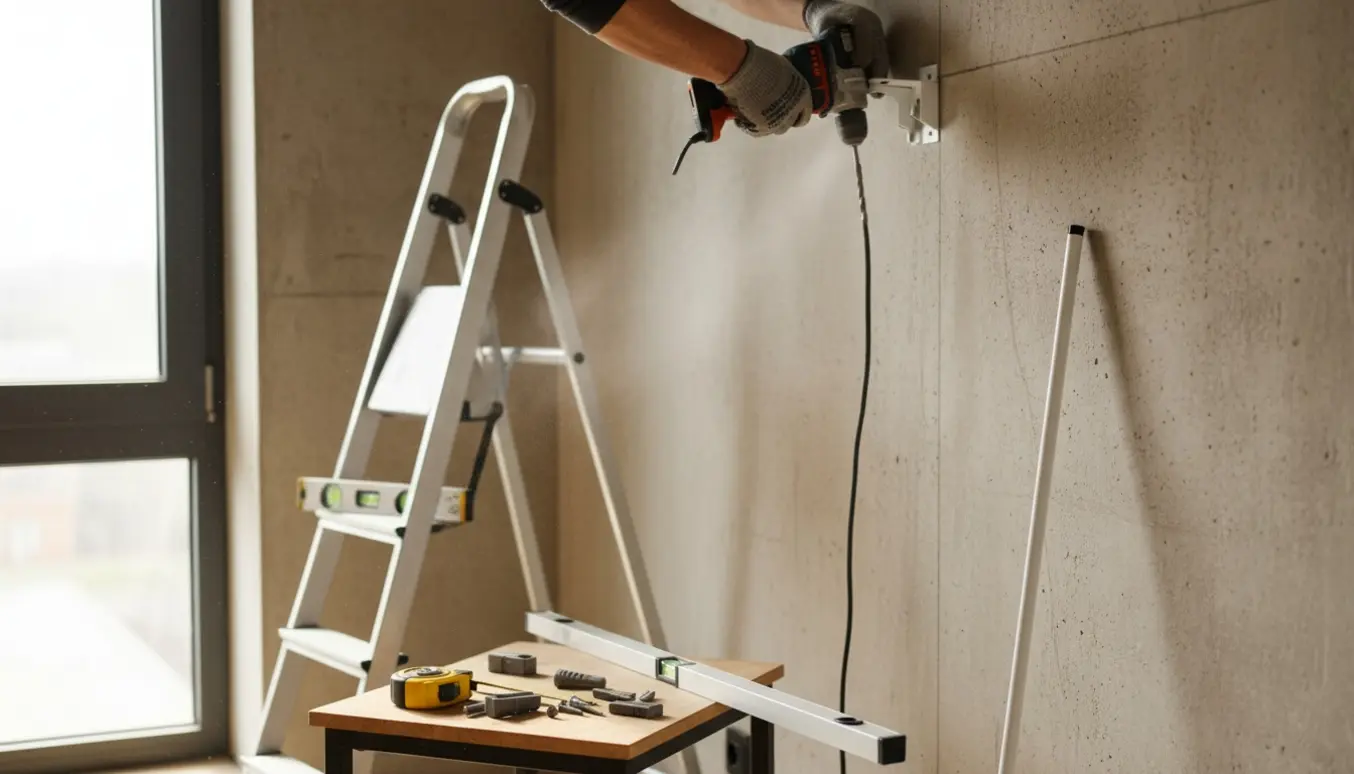 Nærbillede af opsætning af gardinstang i studiebolig med boremaskine og stige.