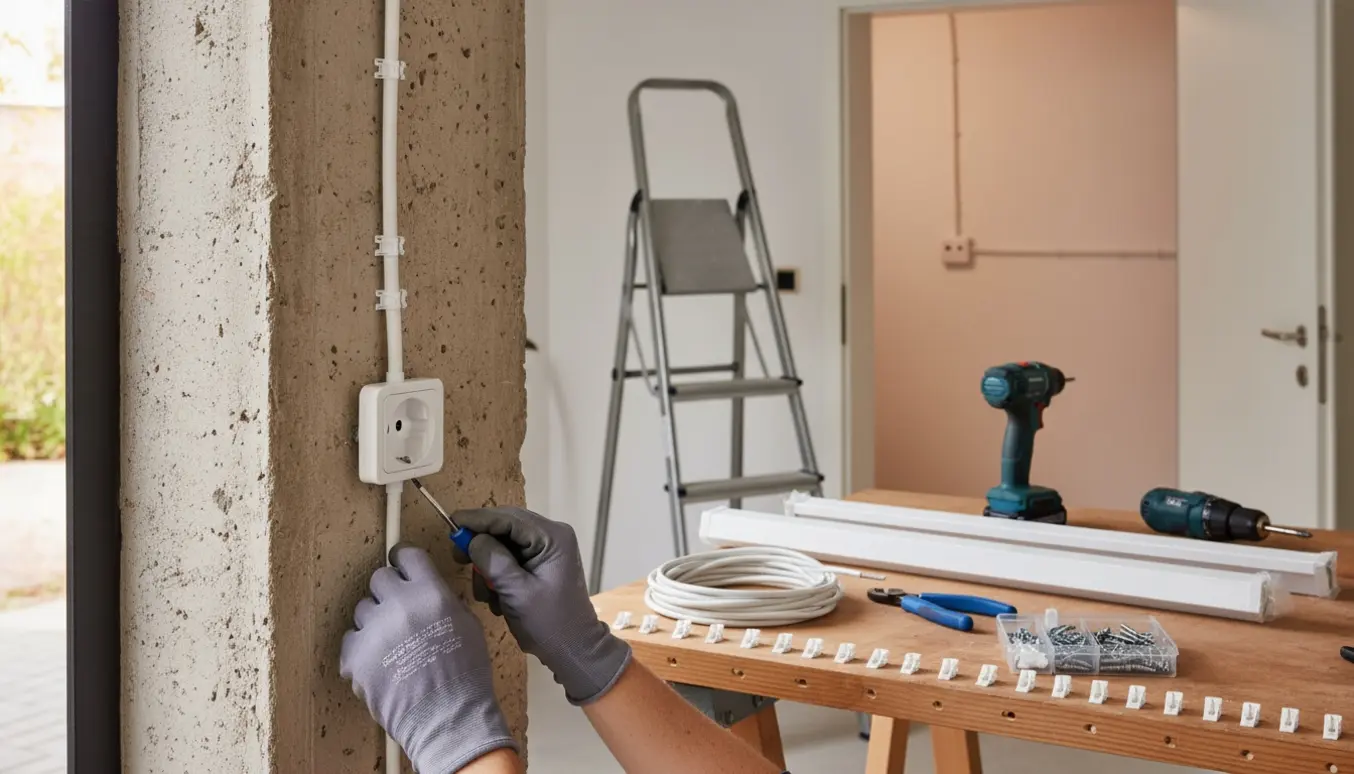Handsker monterer stikkontakt i garage med synlige kabler og værktøj, kælderrum i baggrunden.