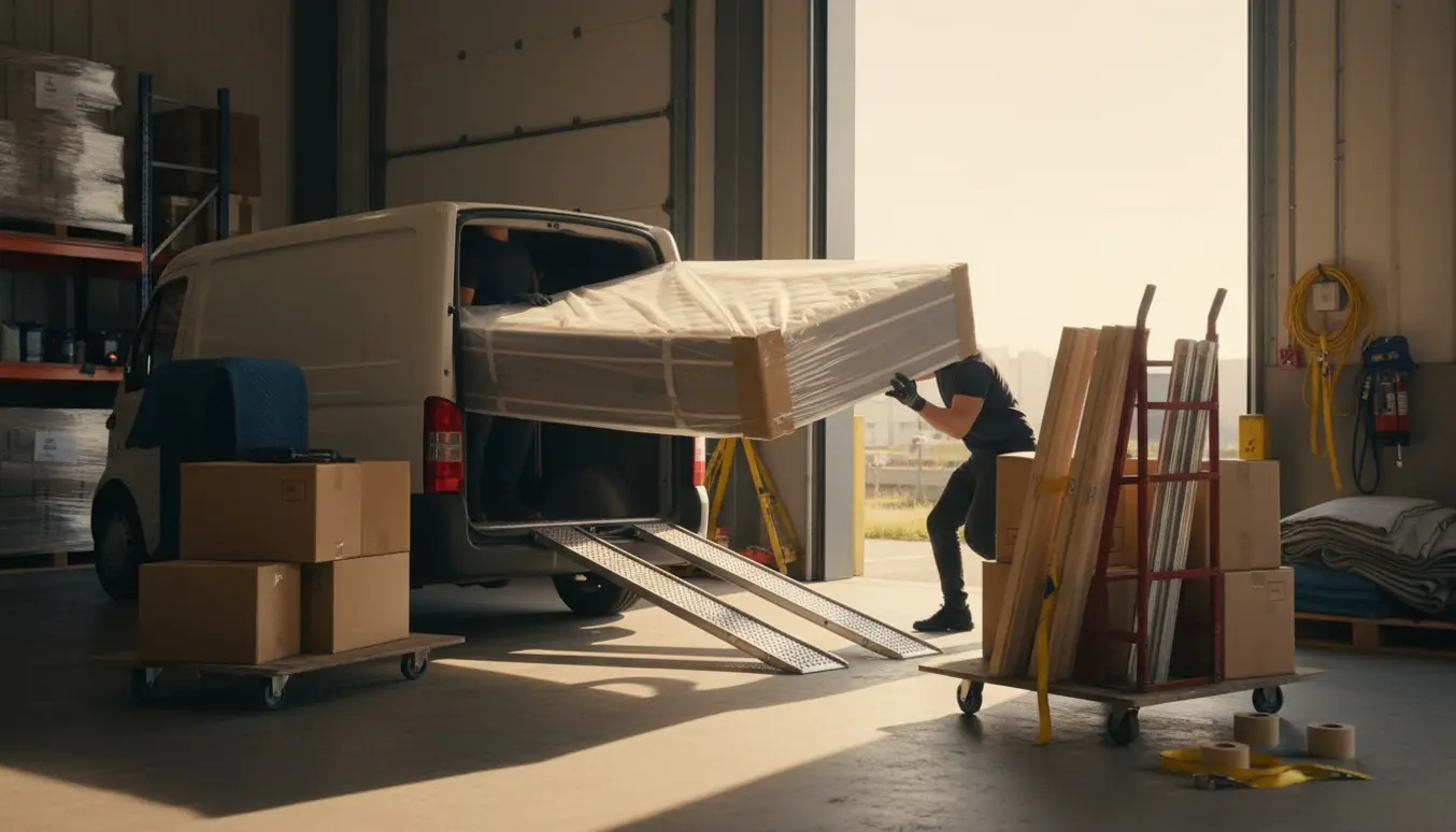 To personer løfter en pakket dobbeltseng ind i en lille varevogn ved et lager.