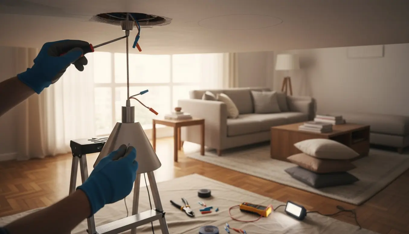 Nærbillede af handskerede hænder, der fjerner en loftlampe i en stue med stige og værktøj på et beskyttelsesunderlag.
