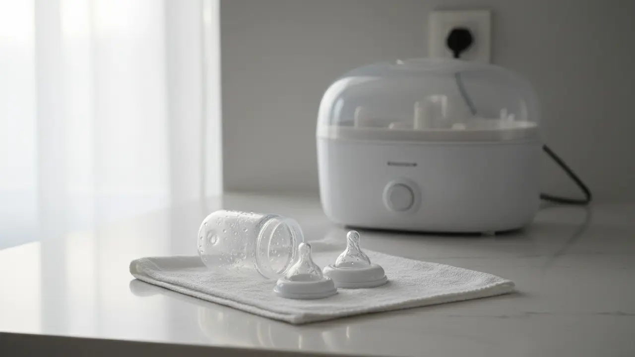 Rene, adskilte sutteflaskedele på et rent håndklæde med steriliseringsapparat i baggrunden.