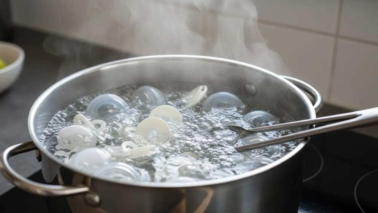 Sutteflasker og suttedele i kogende vand i en gryde, damp og tanger ved siden af.