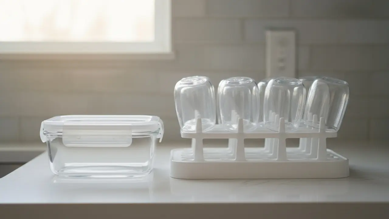 Steriliserede sutteflasker på et rent tørrestativ ved siden af en lukket opbevaringsboks.