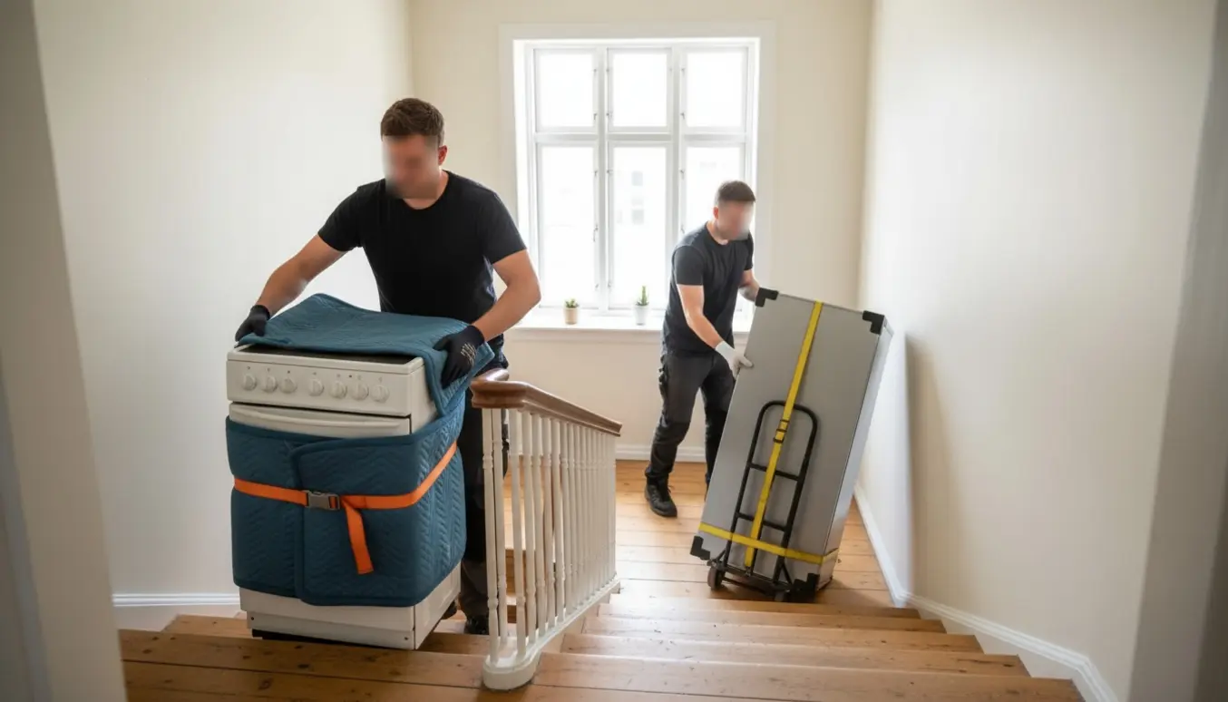 Flyttefolk bærer et komfur op ad en lys trappeopgang, mens et højt, smalt køleskab står klar på en dolly til nedbæring.