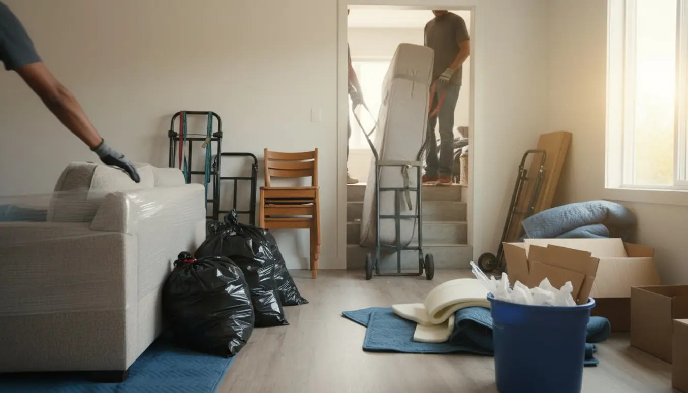 To hjælpere flytter møbler og storskrald fra stue til kælder med sækkevogn og flyttetæpper.