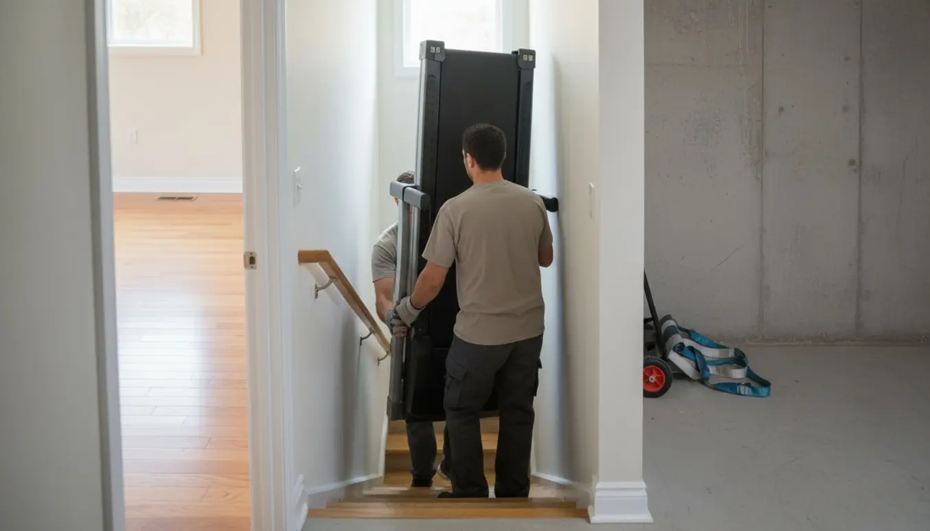 To flyttefolk bærer et løbebånd på højkant ned ad en lige kældertrappe gennem to døråbninger.