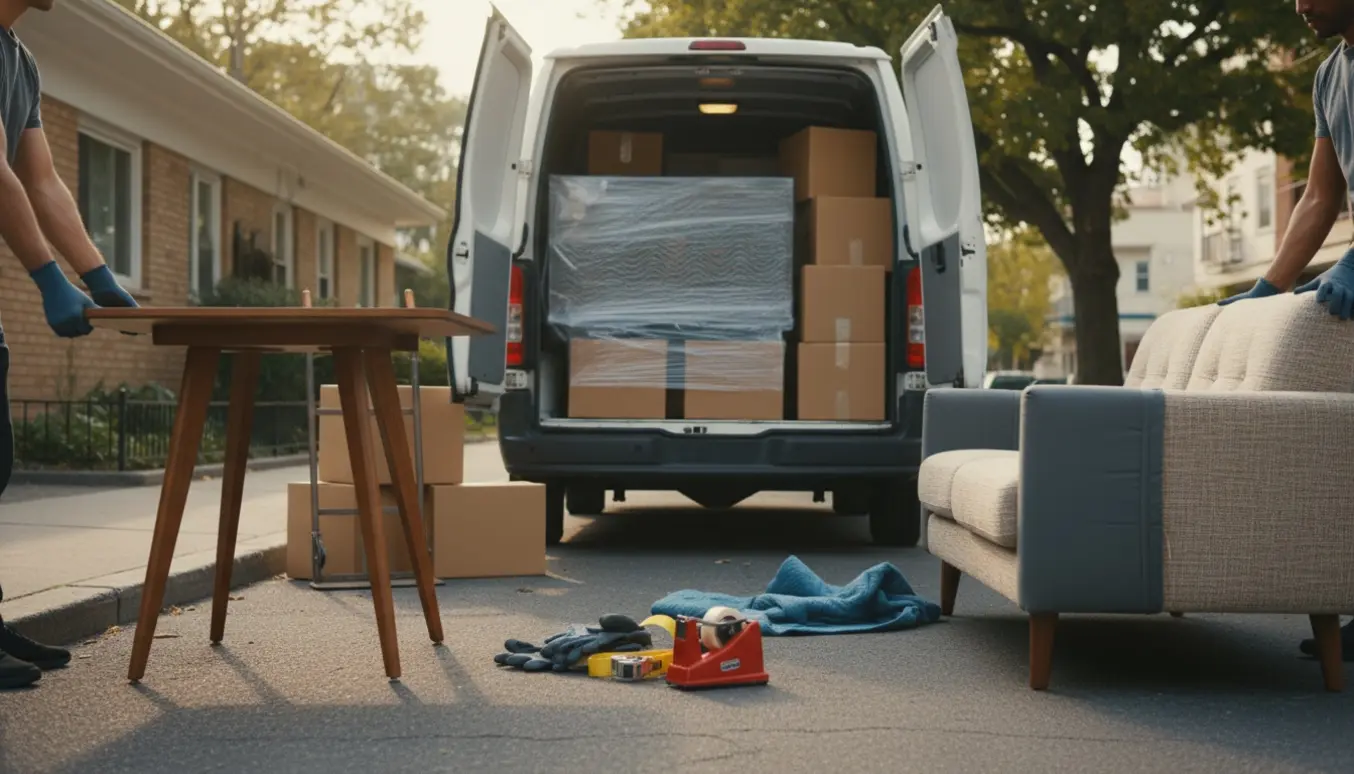 Flyttebil ved en lejlighed med sofa, TV, spisebord og flyttekasser, flytteudstyr synligt.
