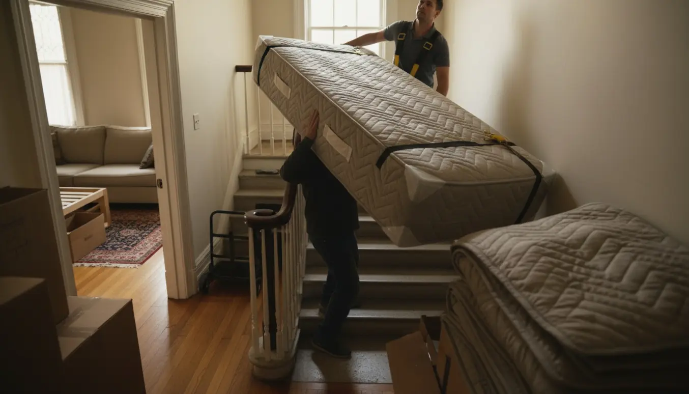 To flyttemænd bærer en stor madras op ad en opgangstrappe med flyttetæpper og en sækkevogn på reposen.
