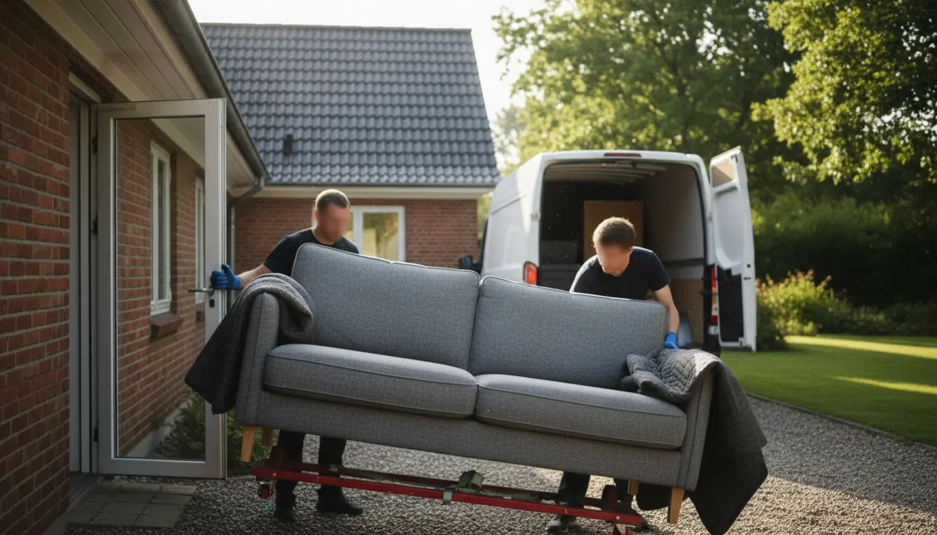 To personer løfter en sofa fra indgangen til en dansk villa over mod en åben varevogn, med flyttetæpper og dolly.